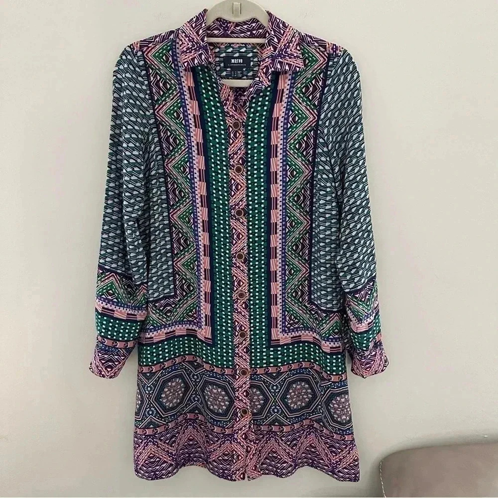 Anthropologie Maeve Casablanca Silk Shirt Dress‎ Green Motif Size 2